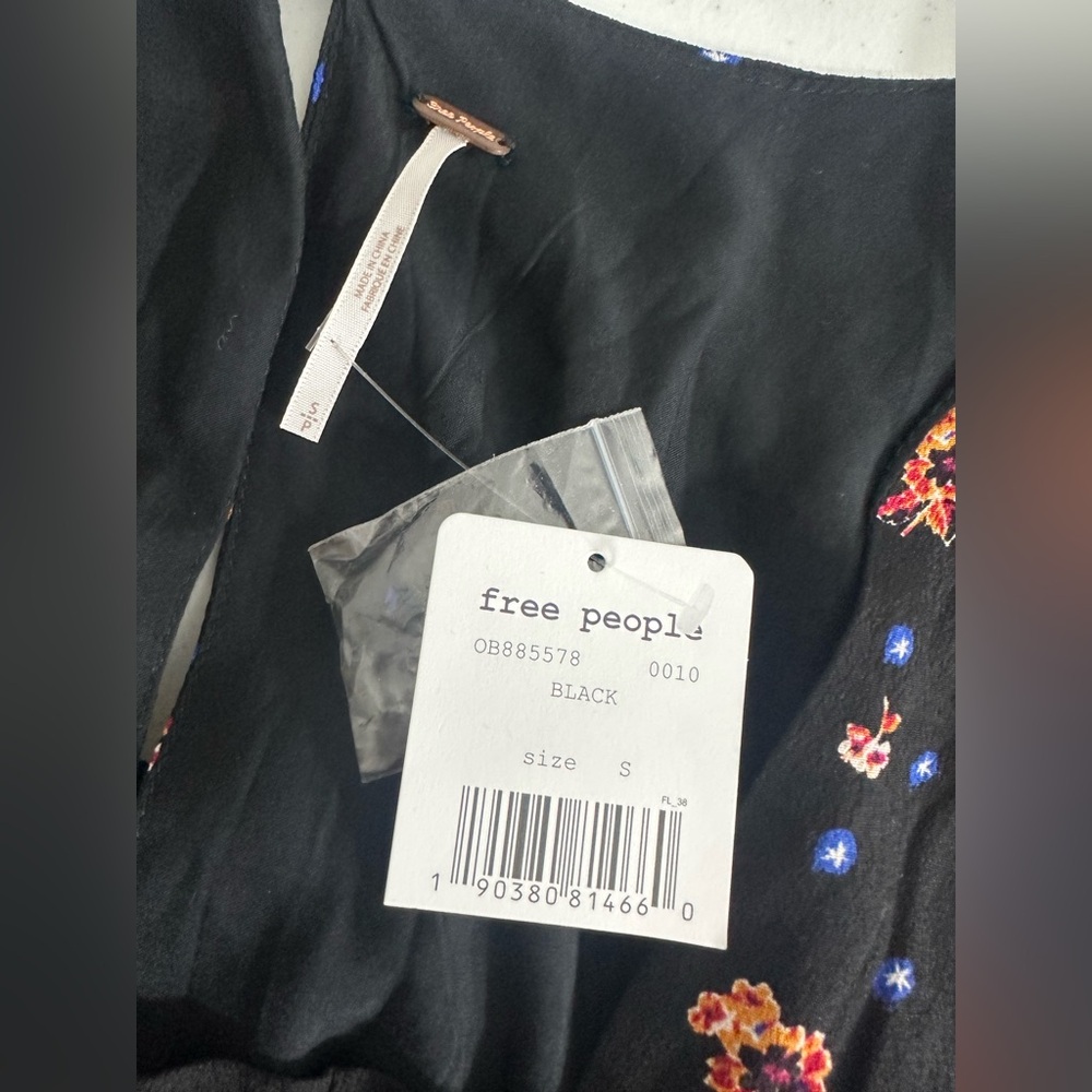 NWT Free People Black Smocked Floral Mini Dress Size Small S Long Sleeve - Picture 8 of 12